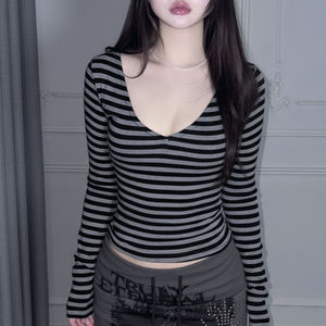 Camiseta de manga larga cruzada con espalda descubierta a rayas de bloque de Color para mujer Y2K Knit Slim Fit Top Casual Street Fashion Autumn Outfit - Product Image 5