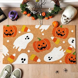 Tapis de porte d'entrée Cangming Halloween en imitation fibre de coco, lavable, antidérapant, motif citrouille et fantôme - Product Image 1