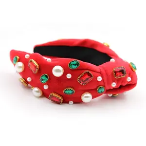 Shenglan 2023 Christmas Headbands Designer Padded Knotted Pearls Christmas Headbands For Women With Colorful Stones