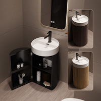 Meuble-lavabo moderne sur pied en bois avec petit lavabo intégré et rangement pour salle de bain