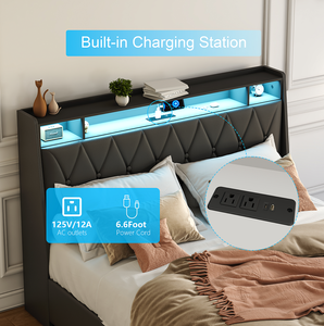 Cadre de lit souple réglable pleine grandeur avec tête de lit ergonomique, construction en MDF, prises de charge et éclairage LED - Product Image 5