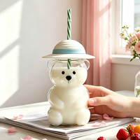 Gobelet à eau en verre 3D créatif en forme d'ours avec couvercle en silicone et paille réutilisable, pour café et boissons, idéal pour la maison, les fêtes et comme cadeau