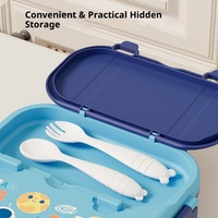 Boîte à lunch carrée en plastique pour enfants, motif dessin animé, compatible micro-ondes, 3 compartiments, pour étudiants, avec fourchette et cuillère
