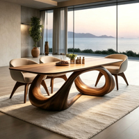 Table à manger en bois massif torsadé abstrait, base courbée artistique, plateau rectangulaire pour mobilier de salle à manger moderne et luxueux