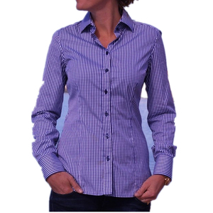 Camisa Formal <span class=keywords><strong>de</strong></span> Negocios para <span class=keywords><strong>Mujer</strong></span>, Corte Entallado, Verano, Popelina Tejida, Rayas Azules y Blancas, Cuello Camisero, Azul Marino, Cuadros Vichy - Product Image 2