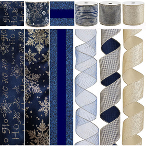 Pita Kawat Organza Satin Bergaris Biru Champagne 2,5 Inci yang Dikustomisasi Pabrik untuk Dekorasi Hadiah Natal - Product Image 2