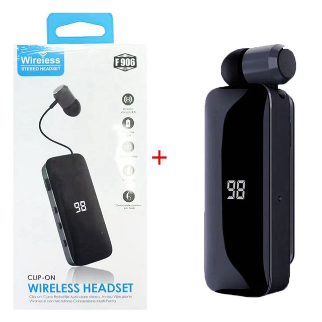 New Design F906 Collar Clip Single Ear Business Earbud Clear Sound Call Long Battery Life Wireless Headset with Retractable Wire
