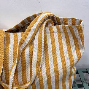 Grand sac de courses réutilisable en coton rayé personnalisé, sac fourre-tout en tissu à chevrons avec longue poignée - Product Image 3