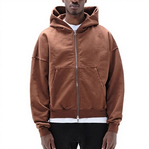 Sweat-shirt à capuche zippé marron pour homme, coupe classique, couleur unie, décontracté, en coton French Terry, idéal pour l'automne - Product Image 1