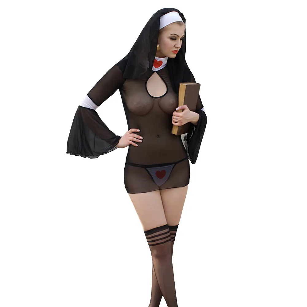 Fantasia sensual da freira do oem, preto branco transparente para trajes sexy da festa