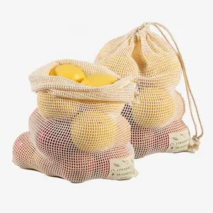 Mesh Produce Bags Logo Custom Printing Produce Cotton Mesh Bags With Drawstring Washable Reusable Mesh Net Recyclable Eco Friendly Biodegradable