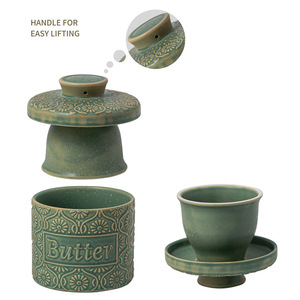 Pot à beurre en céramique avec motif gravé, fait main, rétro, pot de rangement de cuisine, forme cylindrique, poterie, boîte à beurre - Product Image 4