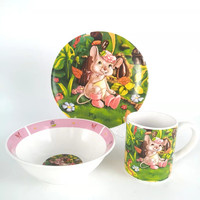Ensemble de vaisselle pour enfants avec impression d'animaux mignons, peint à la main, bordure minimaliste Linea, bol et assiette en porcelaine pour enfants