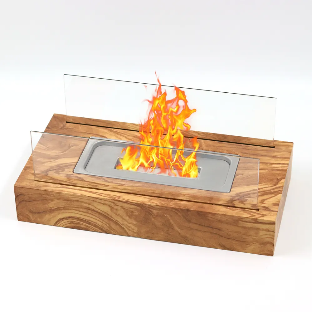 Indoor Outdoor Portable Table top Fire Pit Bowl wood grain Fireplace Rectangle Tabletop Bio Ethanol Fireplace