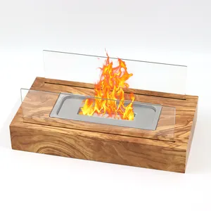 Indoor Outdoor Portable Table Top Fire Pit Bowl Wood Grain Fireplace Rectangle Tabletop Bio Ethanol Fireplace