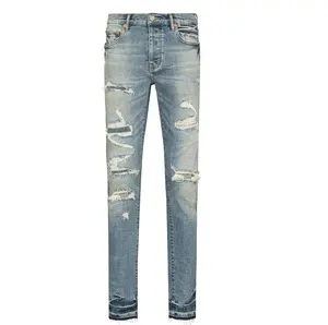 LILUO 2024 primavera vendita calda su misura popolare tessuto blu patch distruggere jeans strappati da uomo jeans