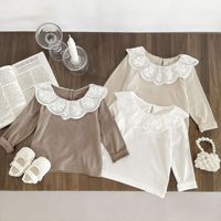 Haut à manches longues pour bébé fille, broderie en dentelle, col de poupée, t-shirt uni pour tout-petits, printemps automne, chemisier pour enfants