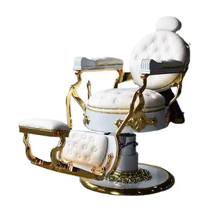 Kursi Salon gaya klasik, kursi Salon kecantikan emas putih, kursi tukang cukur kulit Retro