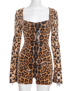 Body de Lentejuelas con Estampado de Leopardo y Cuello Cuadrado para Mujer, Mono Sexy de Manga Larga, Mono Corto para Fiesta Nocturna en Club - Product Image 4