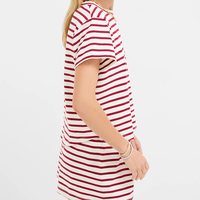 Kaos Wanita Lengan Pendek Kerah Bulat Model Drop Shoulder, Atasan Rajut Bergaris Warna Kontras, Kaos Garis Merah Musim Panas
