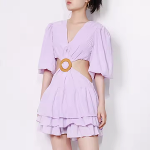 Nuevo vestido elegante con logotipo personalizado de primavera, manga de burbuja, cuello en <span class=keywords><strong>V</strong></span>, Mini vestido de verano informal Sexy para mujer - Product Image 4