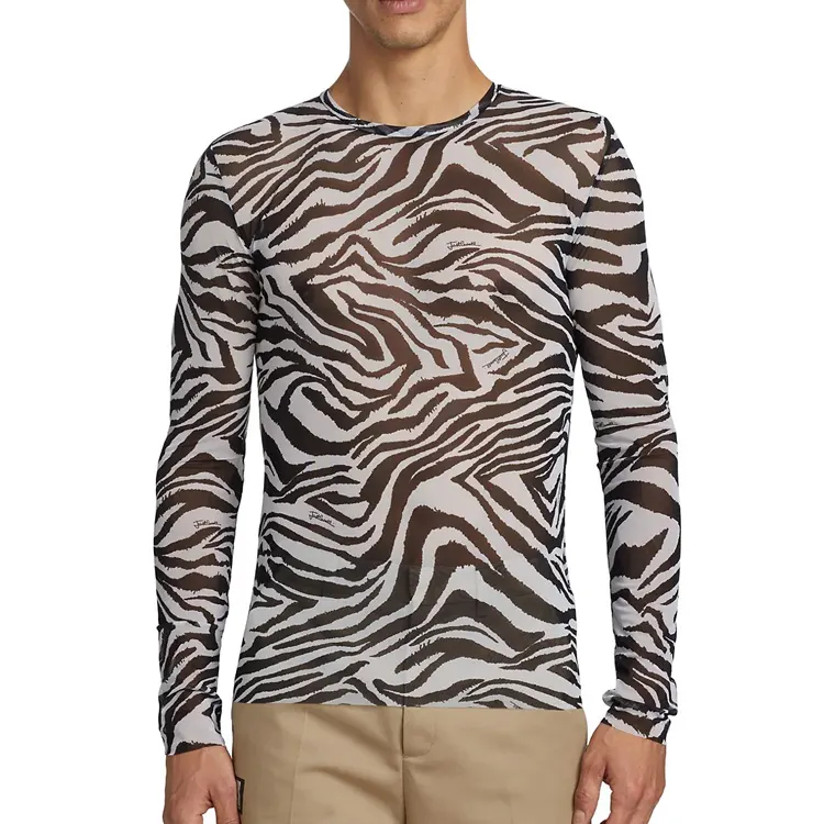 Custom men's mesh funnel Neck Jacket Nylon clear zebra print shirt Mesh T-shirt