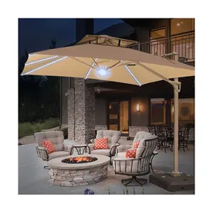 10x10ft Square Cantilever Patio Umbrella With Solar LED Lights Offset Hanging Outdoor Sun Shade For Backyard Garden