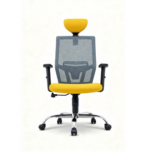 Chaise de bureau ergonomique moderne en maille, réglage manuel de la hauteur, siège jaune, base chromée, accoudoirs, appui-tête intégré, pivotante, design contemporain - Product Image 1