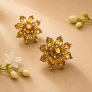 925 <b>Sterling</b> <b>Silver</b> Rhodium Plated Golden Topaz Flower <b>Stud</b> <b>Earrings</b> - Product Image 2