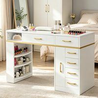 Table de maquillage et de manucure 2-en-1, blanche, légèrement luxueuse, avec plateau de rangement en verre rabattable