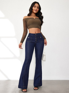 Nouveau design, <span class=keywords><strong>jean</strong></span> <span class=keywords><strong>bleu</strong></span> <span class=keywords><strong>marine</strong></span> pour <span class=keywords><strong>femme</strong></span>, coupe ajustée, poches, boutons, pantalon évasé, taille basse, logo de marque personnalisé, <span class=keywords><strong>jean</strong></span> vierge - Product Image 4