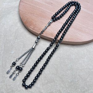 Tasbih en hématite noire, 99 perles, pierre naturelle, chapelet avec pompon, perles de prière islamiques musulmanes pour le culte - Product Image 1