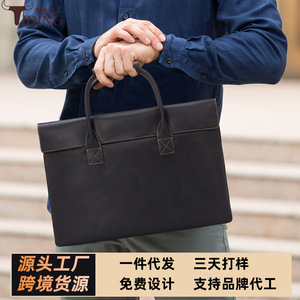 Tiding Genuine Leather Business <b>Briefcase</b> 15.6 Inch Laptop Bag Men Durable Solid Color Dark Brown - Product Image 4