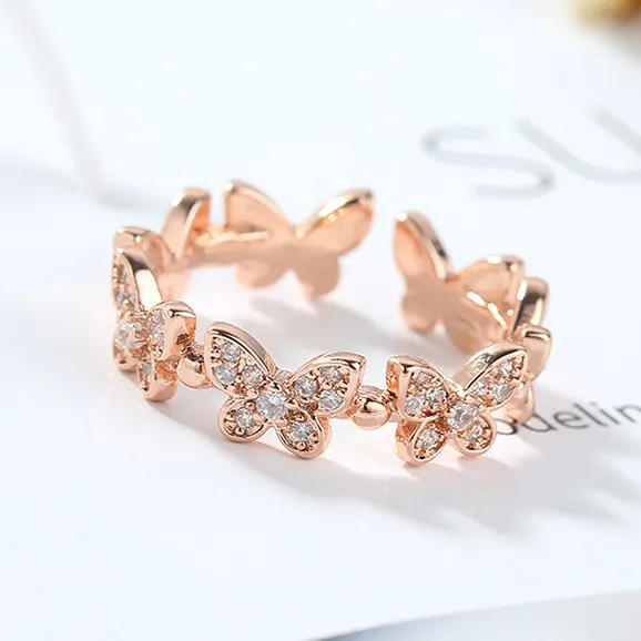 Fashion 18K Real Gold Plated Copper Open Adjusted Ring Fashion Jewelry Butterfly Ring Zircon Rings Women