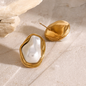 J&D Irregular Pearl Texture Stainless Steel 18K Gold Plated Elegant <b>Statement</b> <b>Necklace</b> Ring Earrings Set Gift for Women Daily - Product Image 2