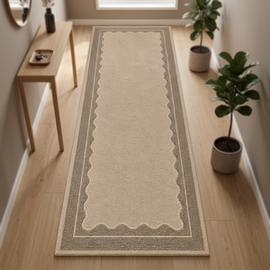 Luxury Handmade Modern Scalloped Border Wool Cut Pile Stain Resistant <b>Runner</b> <b>Rug</b> Latex Backing Neutral <b>Hallway</b> Carpet Custom - Product Image 2