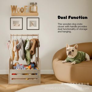 Wooden Pet Supply <b>Storage</b> Basket With <b>Clothes</b> Hanger Portable Toy Organizer For Cat Dog Natural Wood Color Rectangular Standing - Product Image 3