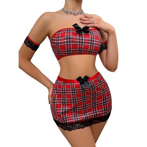 Nuovo stile europeo e americano rosso griglia fiocco Sexy tentazione appassionata <span class=keywords><strong>passione</strong></span> senza spalline gonna corta <span class=keywords><strong>Set</strong></span> - Product Image 5