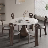 Table à manger ronde moderne extensible en pierre frittée avec plateau tournant, base en bois, design minimaliste pour la maison et l'hôtel