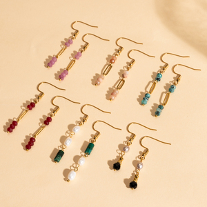 Boucles d'oreilles pendantes longues en or véritable plaqué 18 carats, style bohème fait main, pierres naturelles et perles d'eau douce mélangées, pour femmes - Product Image 2