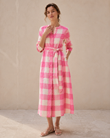 Robe décontractée trapèze rose à carreaux pour femme, taille naturelle, en coton et lin tissé, respirante, idéale pour l'automne et la plage