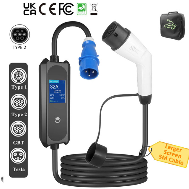 Wholesale New 7kW Portable Electric Car Charger 32A Smart APP/Wi-Fi/ for Blue CEE Plug Type 2/GBT EV Charging Station