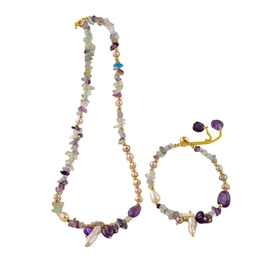 Nuovo Set di Collana e Bracciale Fatto a Mano <span class=keywords><strong>in</strong></span> Acciaio Inox Placcato Oro 18K con Charm <span class=keywords><strong>in</strong></span> Tormalina e Ametista, Regalo Trendy per Donne - Product Image 6