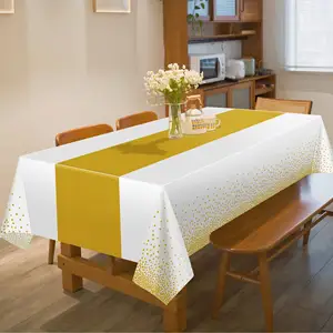 Disposable Plastic Table Cloths For Party White And Gold Rectangle For Wedding Bridal Shower Birthday Baptism Engagement Party