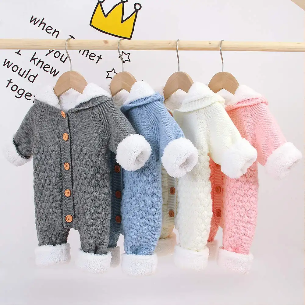 2021 Winter Baby Hooded Knitted Rompers Newborn Girls' Boys' Warm Sweater Jumpsuit Outfits New Born Baby Infant Clothes