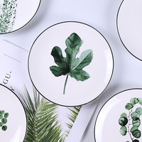 Assiette en céramique minimaliste nordique, résistante au micro-ondes et au lave-vaisselle, motif végétal, forme ronde, pour les repas d'hôtel