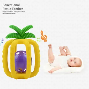 Sıcak satış ananas çıngırak dişlikleri Bpa ücretsiz gıda sınıfı toksik olmayan silikon bebek diş çıkartma oyuncakları