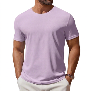 Camiseta de Manga Corta para Hombre, Color Lavanda Sólido, Cuello Redondo, Corte Ajustado, Informal, Transpirable, de Algodón Tejido - Product Image 1