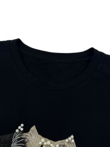 T-shirt décontracté vintage à manches courtes pour <span class=keywords><strong>femme</strong></span>, nouveau style été, en coton 210g, noir, imprimé trois chats, avec décoration en strass - Product Image 4