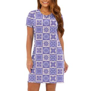 Gran oferta estampado bajo demanda diseño de edredón Hawaiano personalizado redondo elegante e informal cuello manga corta Midi falda vestido suelto mujeres - Product Image 4